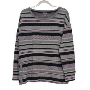 T by Talbots Stripe Sweater Womens Size Medium Gray Purple Button Detail Cotton